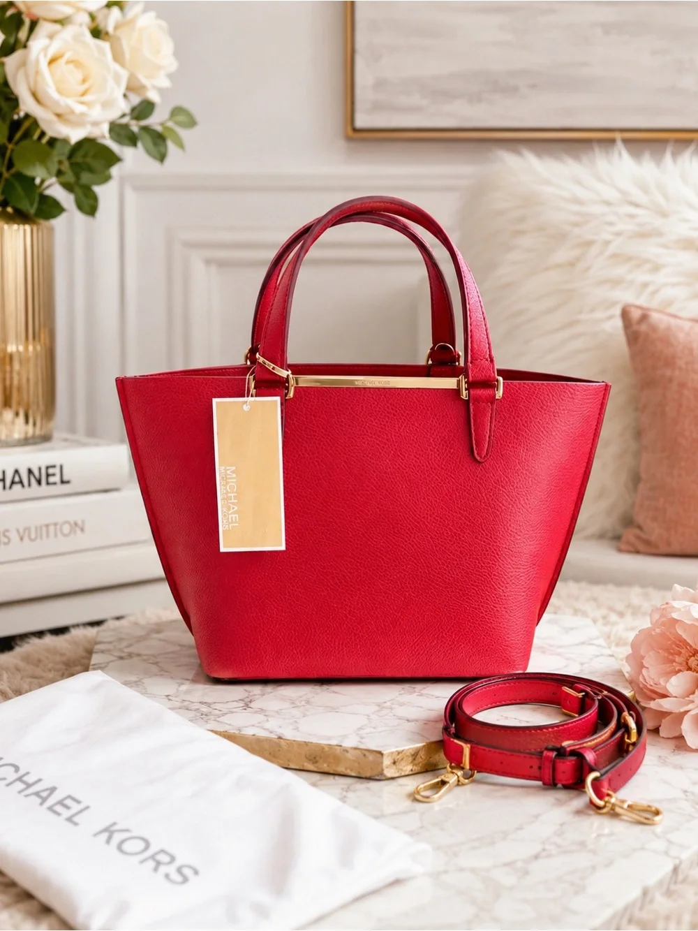 NWT Red Michael Kors Pebbled Leather Top Handle Satchel Crossbody Bag